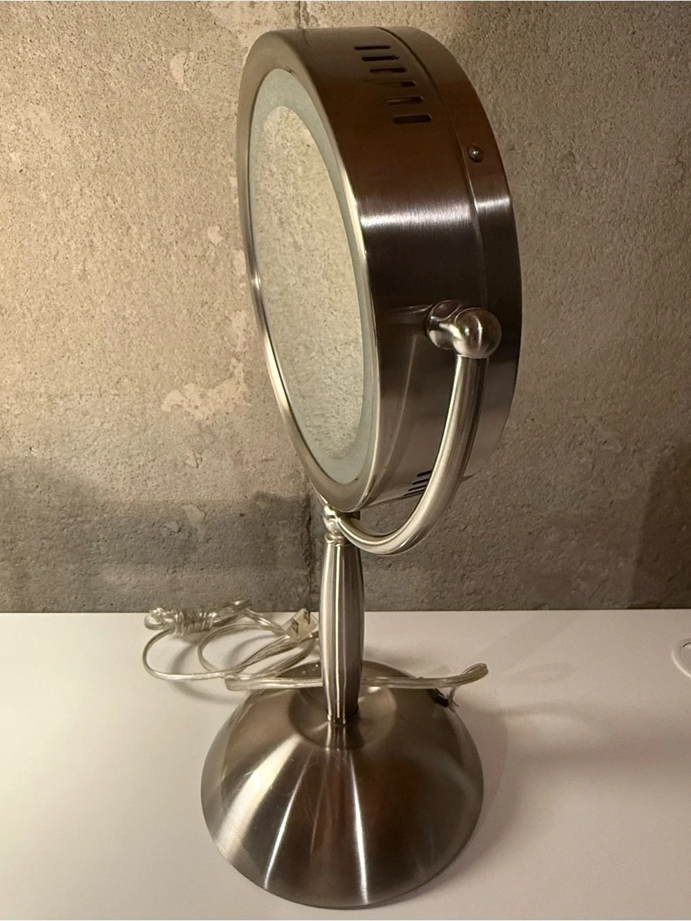 Brushed Silver Vanity LED Table Mirror Smart Touch Sensor Built-in Power Outlet